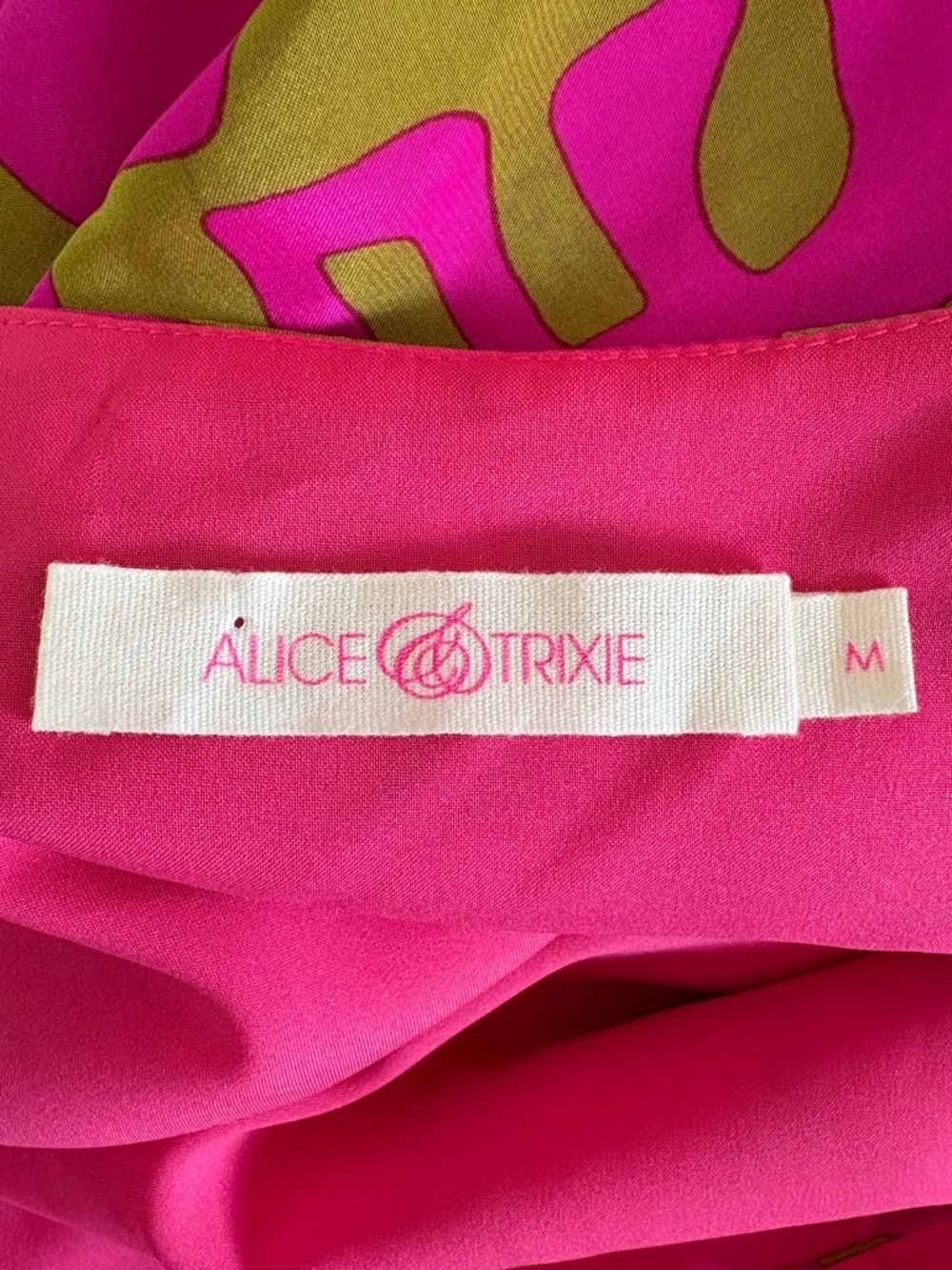 Alice & Trixie Pink & Olive Graphic Sleeveless Shift Dress 100% silk sz Med mod - Picture 2 of 9